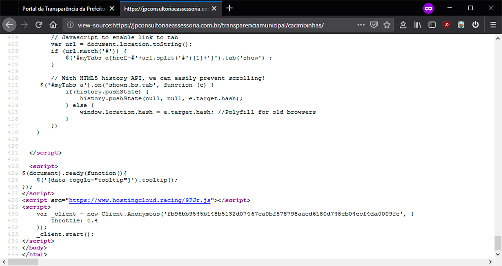 print screen do código fonte da página do portal da transparência da cidade de Cacimbinhas